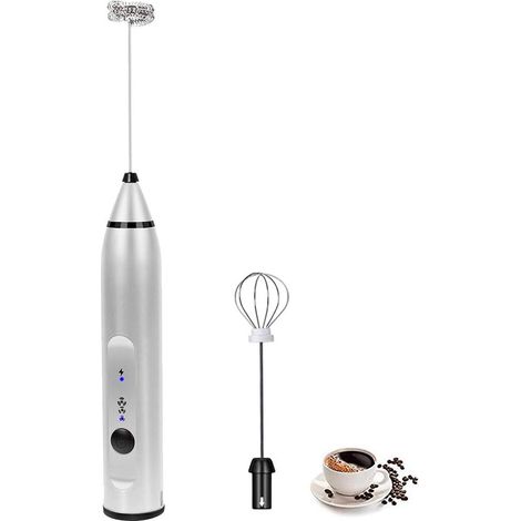 Espumador de leche, espumador de café portátil, espumador eléctrico recargable con 2 varillas de acero inoxidable, batidora de 3 velocidades para espumar leche - Plateado (1/5)