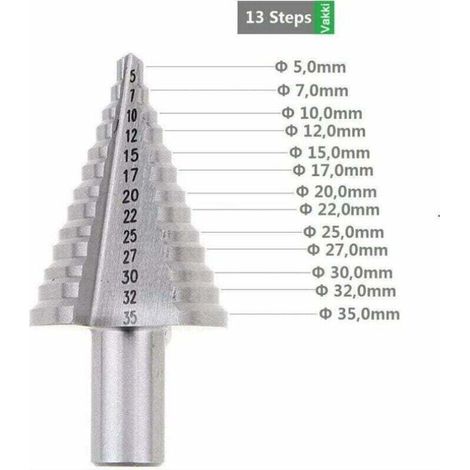 Fraise étagée, fraise à double cannelure (5 mm-35 mm), revêtement en titane, robuste, idéale pour les tournevis perçant dans l'acier, le bois, le plastique, le laiton, l'aluminium, le PVC, tige triang (1/4)