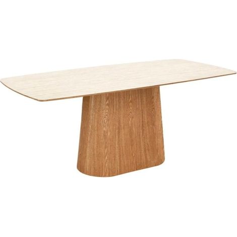 Table de salle à manger LUMEA 200 cm en céramique blanc avec pied central aspect bois  – 8 places (1/5)