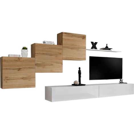Composizione murale SWITCH X mobile TV sospeso bianco lucido e quercia Wotan 330 cm