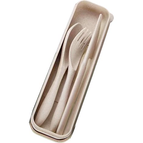 Ensemble de couverts en paille de blé, moderne et portable, comprenant une fourchette, une cuillère et un couteau, avec boîte, pour le bureau, l'école et les pique-niques, beige.