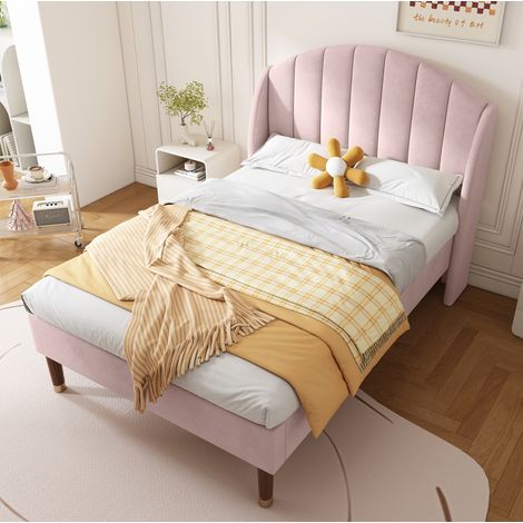 Letto con testiera in velluto rosa 90x200 cm con rete a doghe in legno (1/5)