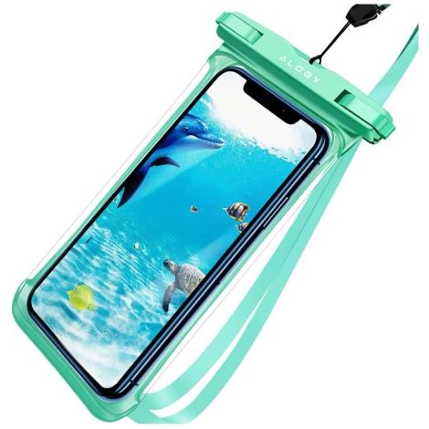 Funda impermeable universal IPX8 para teléfonos de hasta 6,5", protección resistente al agua para la playa, la piscina y el kayak, frontal con pantalla táctil y correa para el cuello, Alogy HydroShiel (1/5)
