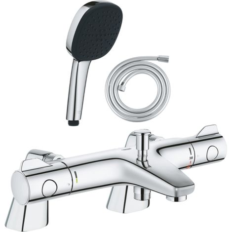 GROHE Grohtherm 800: Mezclador termostático para bañera/ducha + teleducha cuadrada de 2 chorros + manguera flexible
