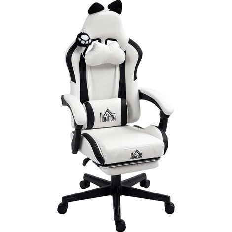 Gaming-Stuhl mit Katzenohren, weißer Gaming-Stuhl mit Liegefunktion, 65 x 62 x 124 cm