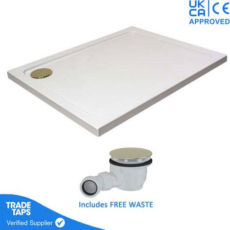 1100 x 800mm White Rectangular 45mm Low Profile Shower Tray with Brushed Brass Waste