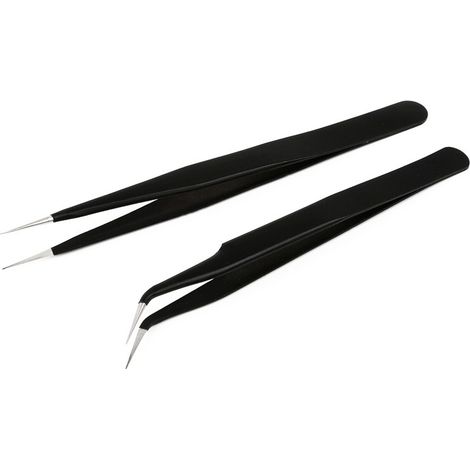 Pince à épiler antistatique en acier inoxydable – Lot de 2 pièces (pointes droites et courbées) – Outil de précision pour la réparation électronique, les loisirs créatifs et le bricolage