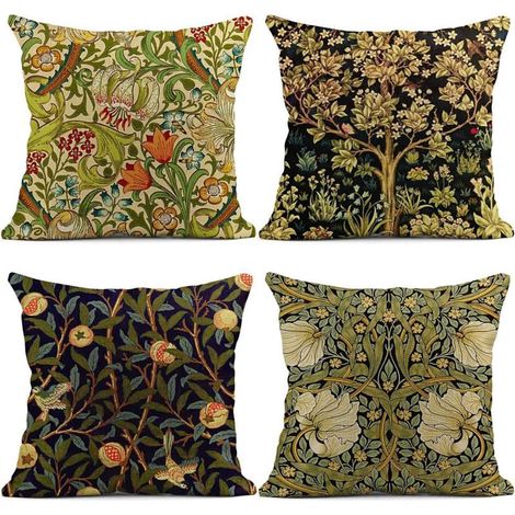 Housse de Coussin 45x45 cm, Lot de 4 Housses de Coussin Floral et Oiseaux Style Boho Vintage Taie d'oreiller Décorative Carrée en Lin pour Canapé Maison Salon Chambre à Coucher (1/5)