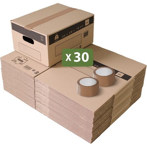 Pack and Move - Lot 30 Cartons Déménagement Stockage S - 36 x 28 x 18 cm - Poignées renforcées - 2 adhésifs offerts