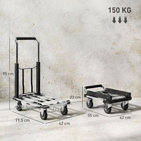 Diable pliable – Capacité 150 kg, plateau extensible, poignée réglable, pour cartons, métal, noir – Transport efficace et compact (1/5)