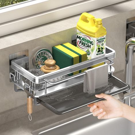 1 Organisateur évier, Aluminium, Bac égouttoir amovible, Porte-éponge, Sans perçage, Cuisine Salle de bain (1/5)
