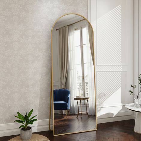 Bogenförmiger Ganzkörperspiegel 173 x 63 cm, hochtransparentes Sicherheitsglas, Rahmen aus Aluminiumlegierung, freistehend oder zur Wandmontage – Gold (1/5)