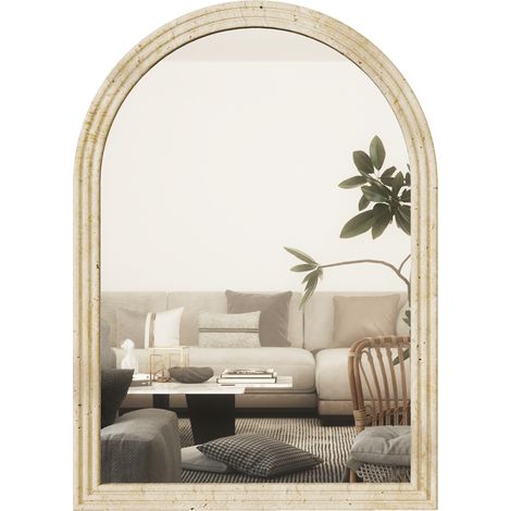 Miroir mural arqué - HOMCOM - bord rainuré et crochets, verre trempé et polystyrène - 50 x 70 cm - beige