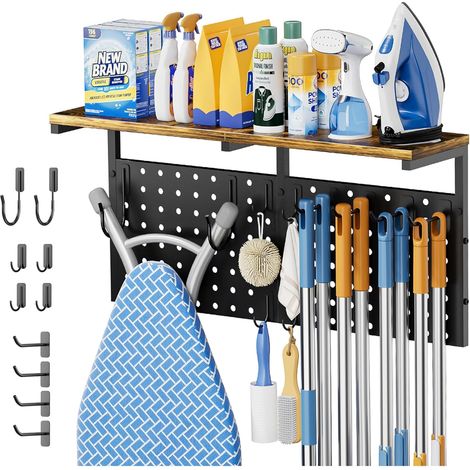 Support mural pour table à repasser, Accroche pour fer à repasser avec étagère pour produits d'entretien, Support pour panneau perforé avec support pour fer à repasser et crochets pour balai (1/5)