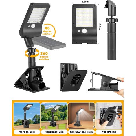 Lot de 2 Lampes Solaires Exterieur à Clipser avec Détecteur de Mouvement, Projecteur Solaire Étanche, 60 LED, pour Clôtures Jardin Terrasses Camping, - Lumière blanche