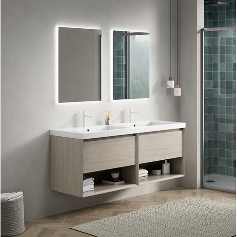 Meuble de salle de bain suspendu 140 cm avec double vasque en résine, 2 tiroirs, chêne clair (1/5)