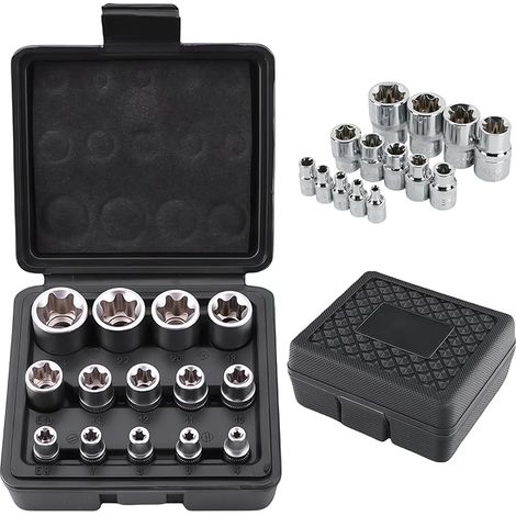 14 Piece External Torx Socket Set: 1/2", 1/4", 3/8" Socket Set E4, E5, E6, E7, E8, E10, E11, E12, E14, E16, E18, E20, E22, E24 with Storage Box, Black (1/5)