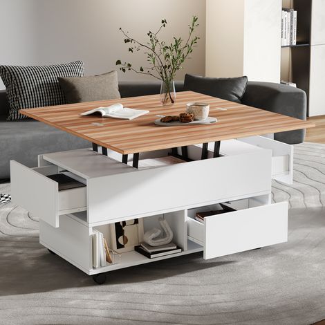 Höhenverstellbarer Couchtisch mit Rollen, 100 x 50 x 52 cm, 4 Schubladen, Weiß/Holz, OKWISH (1/5)