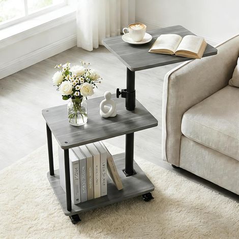 Table d’Appoint Bout de Canapé à roulettes avec Plateau Pivotant 360° Hauteur Réglable 47 71 cm Grand Rangement pour Salon Chambre Bureau Gris Noyer (1/5)