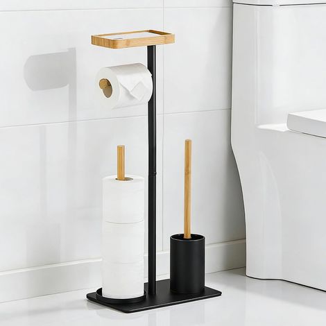 1 Support Papier Toilette Sur Pied, Bois Noir, Brosse WC Incluse, Rangement 4 Rouleaux, Salle De Bain (1/5)