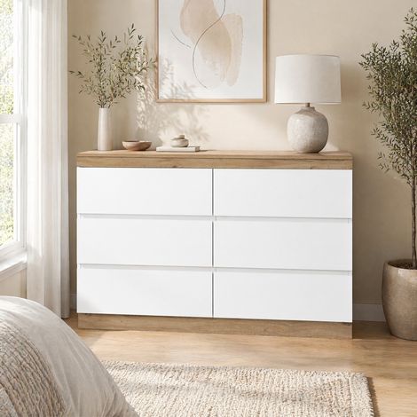Kommode mit 6 Schubladen 110 x 40 x 67,5 cm, Stauraum, Weiß und Eiche HAVRYA (1/5)