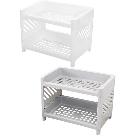 Lot de 2 étagères de rangement de cuisine et organisateurs en plastique, étagères de rangement pour placards (blanc + gris) (1/4)