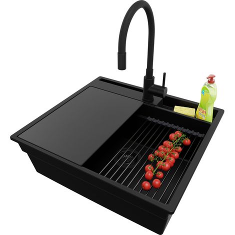 PRIMAGRAN Evier Cuisine en Granit 58x53cm, Lavabo 1 bac + Kit de Vidage + Accessoire, Évier à Encastrer au meuble 60cm - Oslo Pocket, Tout Noir (1/5)