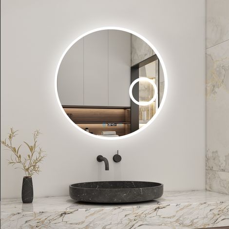 Aica 70x70cm LED tricolore miroir rond de salle de bain horloge + loupe + anti-buée + mémoire