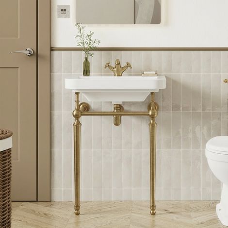 Signature Saga Basin with Brushed Brass Washstand 610mm Wide - 1 Tap Hole (1/3)