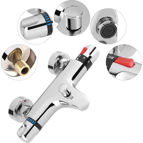 Robinet mitigeur thermostatique mural chromé pour douche et salle de bain. (1/5)