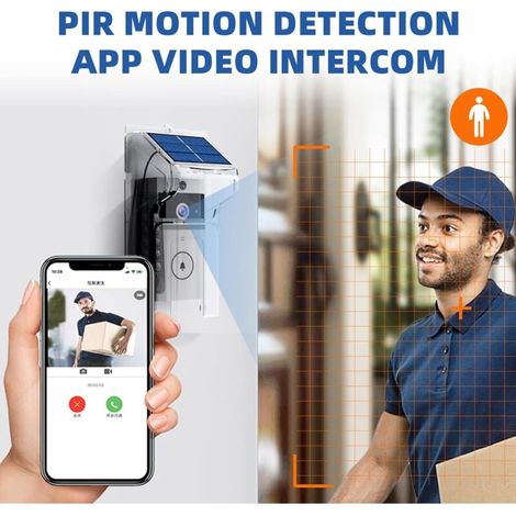 Sonnette sans fil avec caméra – Alimentation solaire – Vision nocturne infrarouge jusqu'à 6m – Installation sans perçage – Application mobile