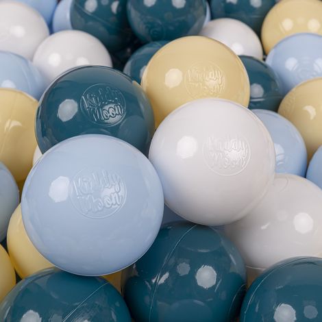 Lot de 300 balles en plastique KiddyMoon de 7 cm, turquoise foncé, bleu pastel, jaune pastel et blanc.