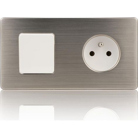Presa singola, interruttore singolo, bianco, unipolare, acciaio spazzolato
