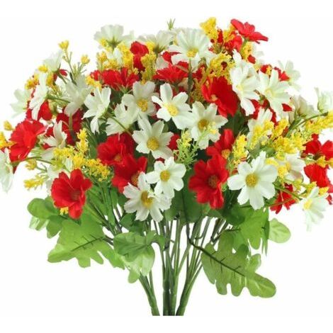 Pair Künstlicher Blumenstrauß mit 4 Bündeln und 28 Köpfen, süße künstliche Gänseblümchen für den Außenbereich, Hochzeit, Haus, Garten, Dekoration (rot) (1/5)
