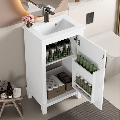 Meuble vasque mural 51x34x83 cm avec porte, étagère réglable et vasque intégrée, blanc (1/5)