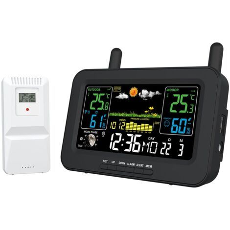Weather Station Station météo sans fil et capteurs d'extérieur - Thermomètre intérieur/extérieur - Hygromètre DCF77 - Horloge radio DCF77 - Phase de la lune - Mesure de la pression atmosphérique (1/5)