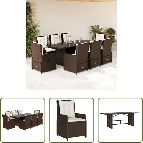 vidaXL Gartentisch - 9-tlg. Garten-Essgruppe mit Kissen Braun Poly Rattan (1/5)