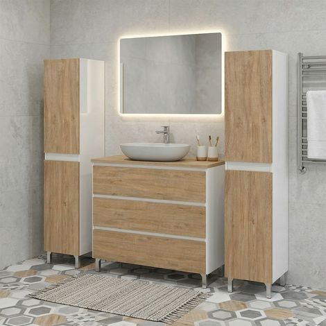 Ensemble meuble vasque à poser L.100cm + 2 colonnes sur pied Blanc laqué 3 tiroirs Chêne naturel LISBONA