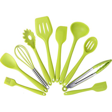 Ensemble de 10 pièces d'ustensiles de cuisine en silicone antiadhésif, présentés dans une boîte colorée. (1/5)