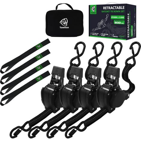 Kit de sangles de serrage automatiques 4 pièces, 3,6m x 25mm avec crochets en S, rétractable