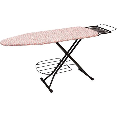 Table à repasser Relaxdays 110 x 33 cm, réglable en hauteur, pliable, repose-fer, motif fleurs, blanc-rose