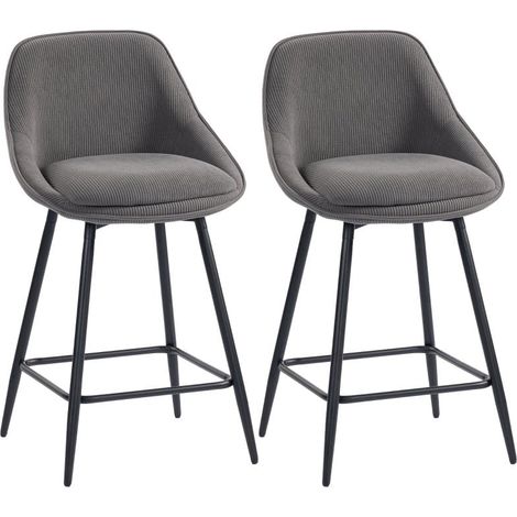 Ensemble de 2 tabourets de bar avec revêtement en velours côtelé et pieds en acier, chaises rembourrées pour îlot de cuisine, salle à manger, gris