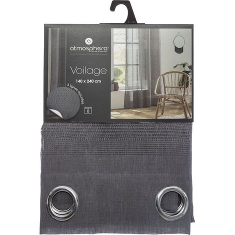 Atmosphera – Voilage à œillets gris effet lin 140 x 240 cm – 100% polyester – Motifs ajourés pour luminosité – Installation facile avec œillets en métal (1/8)