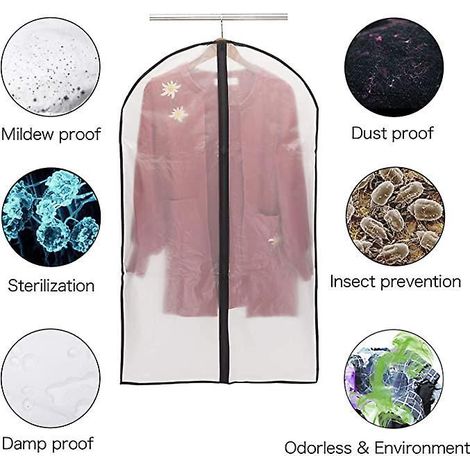 5pcs 60  100cm Housses De Vtement (noir), Housse De Protection Anti-poussire Anti-mites Anti-humidit Translucide  Glissire Pour Ensemble De Chemi (1/5)
