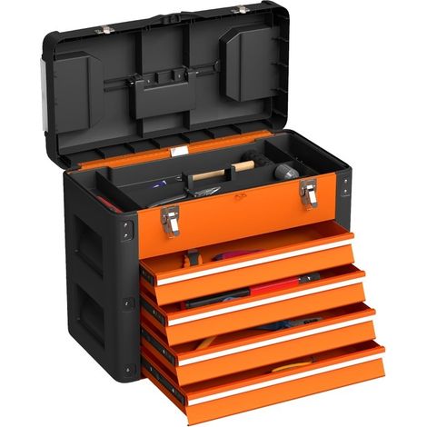 Coffre à outils grand format à 4 tiroirs, couleur orange. Spacieux et robuste, idéal pour ranger et transporter vos outils au quotidien (1/5)
