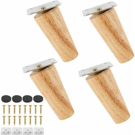 Lot de 4 Pied de Meuble en Bois Massif, Jambes de Canapé Remplacement avec Tapis Antidérapant,Plaque de Montage et Vis pour Lit, Armoire, Tiroir (8cm, Pied incliné) (1/4)