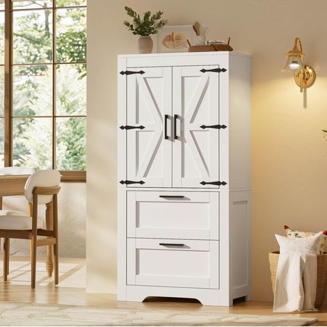 Aparador de cocina estilo rústico con 2 cajones, estantes ajustables, blanco OKWISH (1/5)
