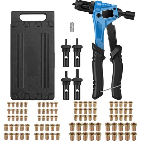 8 Inch Rivet Nut Pliers Kit with M3 M4 M5 M6 Chucks and 100 Rivets Riveting Tools for Hand Riveter Mini Riveter with Nut Tool Box Blue (1/5)
