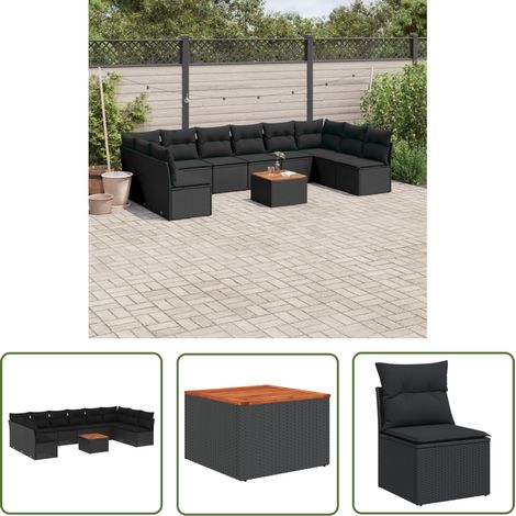 The Living Store 11-tlg. Garten-Sofagarnitur mit Kissen Schwarz Poly Rattan - Gartenmöbel Set - Esszimmergarnitur - Outdoor Möbel - Lounge Sofa - Rattan Gartenmöbel (1/5)