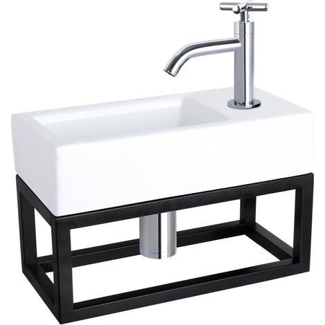 Differnz Ravo Set lave-mains 38.5x18.5x25cm 1 trou avec robinet courbé poignée croix et siphon + bonde chrome Rectangulaire Céramique Blanc (1/5)